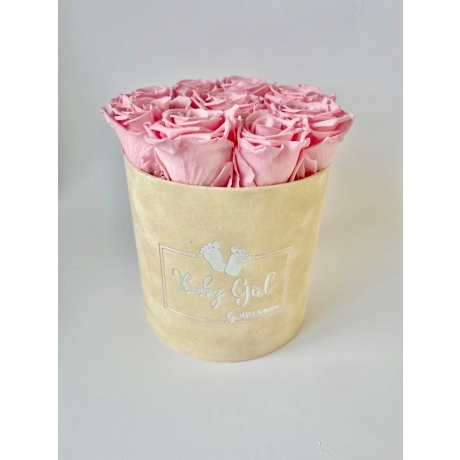 BABY GIRL - MEDIUM NUDE VELVET BOX WITH BRIDAL PINK ROSES