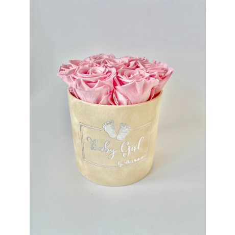 BABY GIRL - SMALL NUDE VELVET BOX WITH BRIDAL PINK ROSES