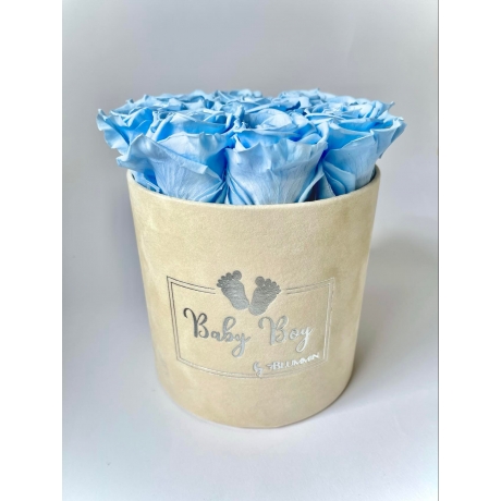 BABY BOY - MEDIUM NUDE VELVET BOX WITH BABY BLUE ROSES