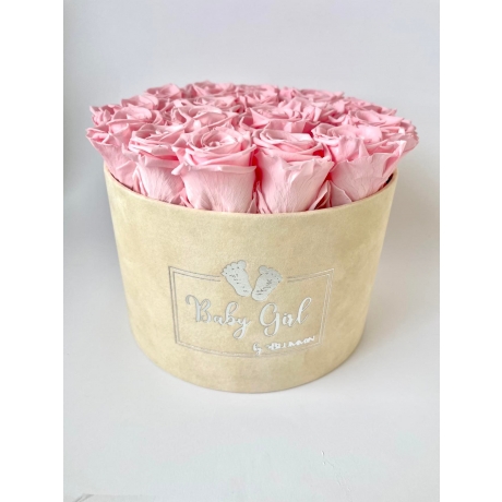 BABY GIRL - LARGE NUDE VELVET BOX WITH BRIDAL PINK ROSES