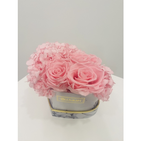 SÜDAMEKUJULINE LILLEKARP 3 BRIDAL PINK ROOSIDEGA & KUIVATATUD HORTENSIAGA