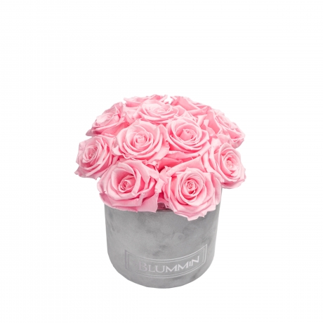 BOUQUET WITH 11 ROSES - SMALL BLUMMiN LIGHT GREY VELVET BOX WITH BRIDAL PINK ROSES