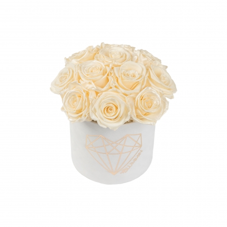  BOUQUET WITH 11 ROSES - SMALL LOVE WHITE VELVET BOX WITH PEARL CHAMPAGNE AND CHAMPAGNE ROSES