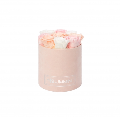 MEDIUM BLUMMIN LIGHT PINK VELVET BOX WITH MIX (ICE PINK, BRIDAL PINK, WHITE) ROSES