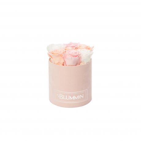 SMALL BLUMMiN - LIGHT PINK VELVET BOX WITH MIX (ICE PINK, BRIDAL PINK, WHITE) ROSES