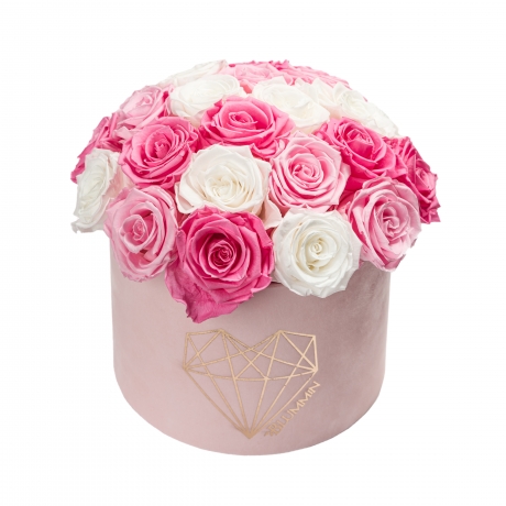 BOUQUET WITH 25 ROSES - LARGE LOVE LIGHT PINK VELVET BOX WITH MIX (BABY PINK, BRIDAL PINK, WHITE) ROSES