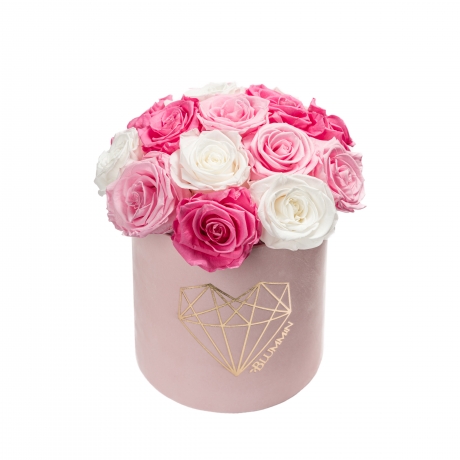  BOUQUET WITH 15 ROSES - MEDIUM LOVE LIGHT PINK VELVET BOX WITH MIX (BABY PINK, BRIDAL PINK, WHITE) ROSES