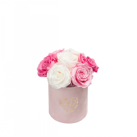 BOUQUET  WITH 7 ROSES - MIDI LOVE LIGHT PINK VELVET BOX WITH MIX (BABY PINK, BRIDAL PINK, WHITE) ROSES