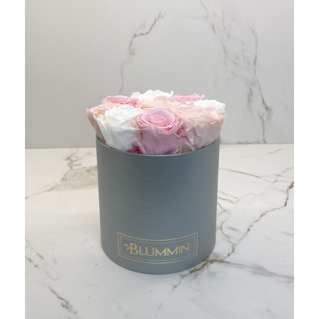 MEDIUM BLUMMIN LIGHT GREY BOX WITH MIX (ICE PINK, BRIDAL PINK, WHITE) ROSES