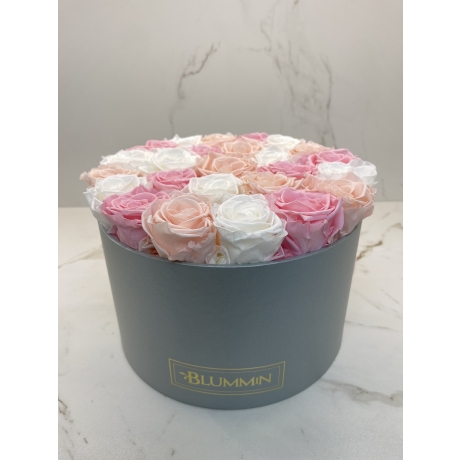 LARGE BLUMMIN CREAMY BOX WITH MIX (WHITE, ICE PINK, BRIDAL PINK) ROSES