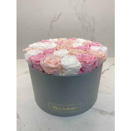 LARGE LIGHT GREY BOX WITH MIX (WHITE, ICE PINK, BRIDAL PINK) ROSES