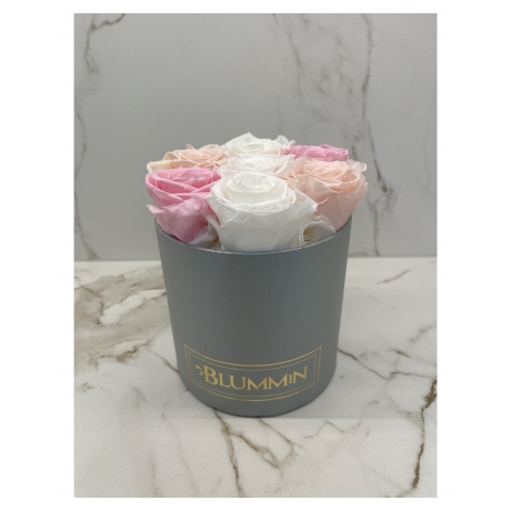 SMALL LIGHT GREY BOX WITH MIX (WHITE, ICE PINK, BRIDAL PINK) ROSES