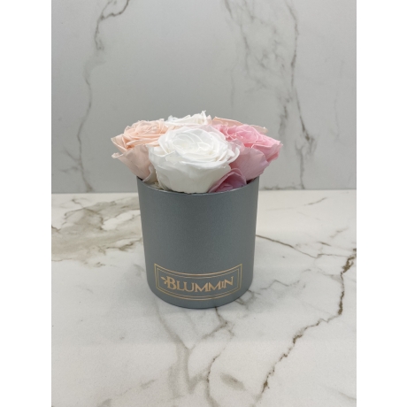 SMALL LIGHT GREY BOX WITH MIX (WHITE, ICE PINK, BRIDAL PINK) ROSES