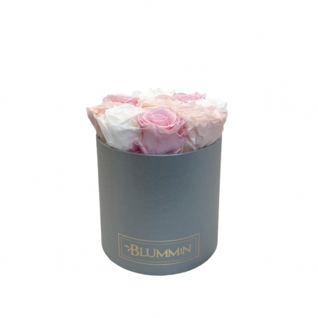 MEDIUM BLUMMIN LIGHT GREY BOX WITH MIX (ICE PINK, BRIDAL PINK, WHITE) ROSES