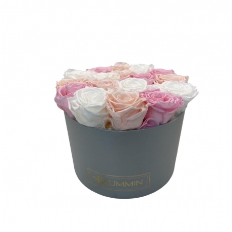 LARGE LIGHT GREY BOX WITH MIX (WHITE, ICE PINK, BRIDAL PINK) ROSES