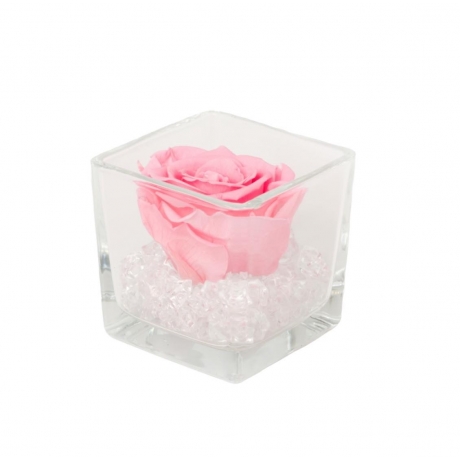 GLASS VASE WITH BRIDAL PINK ROSE AND CRYSTALS (8x8 cm)