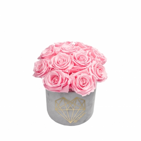 BOUQUET  WITH 11 ROSES - SMALL LOVE LIGHT GREY VELVET BOX WITH BRIDAL PINK ROSES