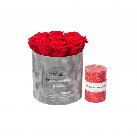 -20% KOMPLEKT "ILUSAT VANAVANEMATE PÄEVA!" - Medium helehall sametkarp Vibrant red roosidega ja punase küünlaga