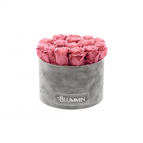 LARGE BLUMMIN LIGHT GREY VELVET BOX WITH VINTAGE PINK ROSES
