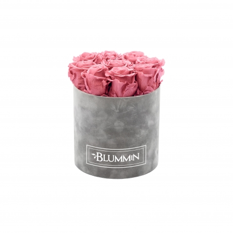 MEDIUM VELVET LIGHT GREY BOX WITH VINTAGE PINK ROSES