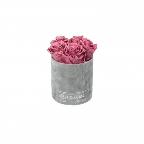 MIDI LIGHT GREY VELVET BOX WITH VINTAGE PINK ROSES