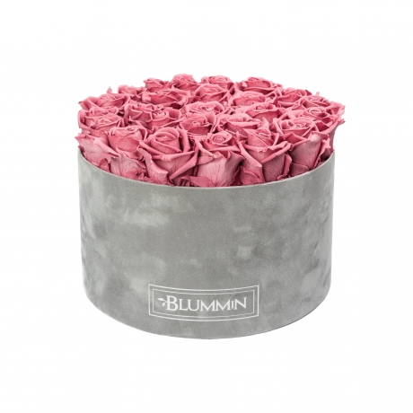 XL BLUMMiN - LIGHT GREY VELVET BOX WITH VINTAGE PINK ROSES