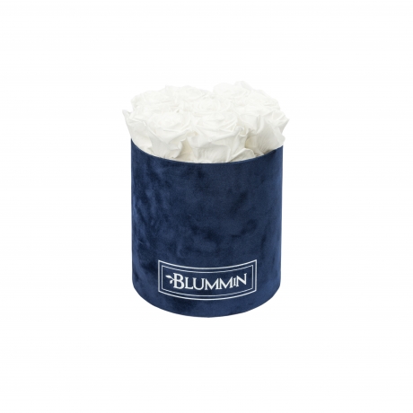 MEDIUM DARK BLUE VELVET BOX WITH WHITE ROSES