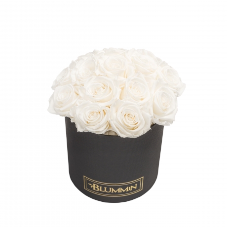  BOUQUET WITH 15 ROSES - MEDIUM BLACK BOX WITH WHITE ROSES