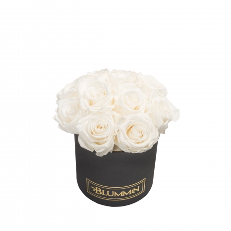 BOUQUET WITH 11 ROSES - SMALL BLUMMiN BLACK BOX WITH WHITE ROSES