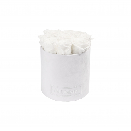  MEDIUM BLUMMIN WHITE VELVET BOX WITH WHITE ROSES