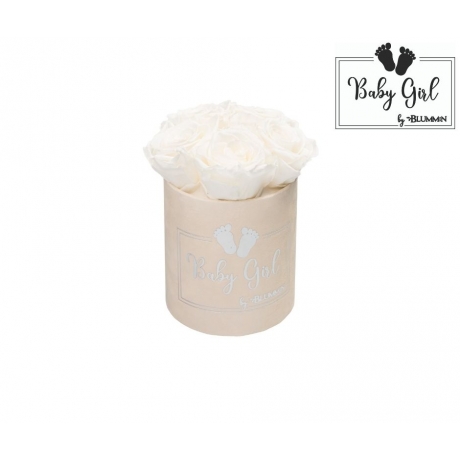 BABY GIRL - NUDE VELVET BOX WITH 5 WHITE ROSES 