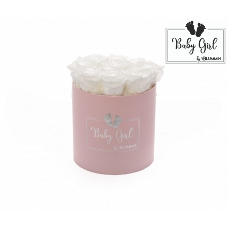 BABY GIRL - LIGHT PINK BOX WITH 9 WHITE ROSES 