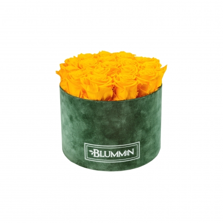 LARGE BLUMMIN GREEN VELVET BOX WITH YELLOW ROSES