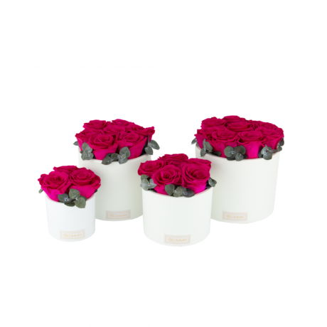 WHITE CERAMIC POT WITH HOT PINK ROSES AND EUCALYPTUS