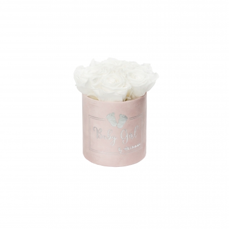 BABY GIRL - LIGHT PINK VELVET BOX WITH 5 WHITE ROSES 
