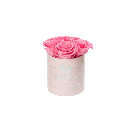 BABY GIRL - LIGHT PINK VELVET BOX WITH 5 BABY PINK ROSES 