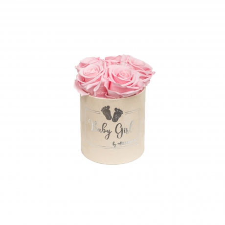 BABY GIRL - LIGHT PINK VELVET BOX WITH 5 BRIDAL PINK ROSES 