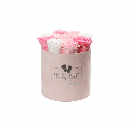 BABY GIRL - LIGHT PINK VELVET BOX WITH 9 MIX ROSES