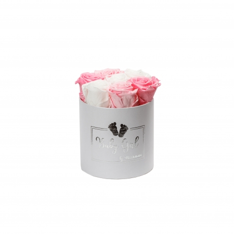 BABY GIRL - WHITE BOX WITH MIX (WHITE, BRIDAL PINK, BABY PINK) ROSES