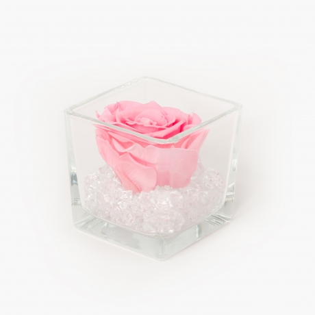 Klaasist vaas 8x8 cm BABY PINK roosiga ja kristallidega S