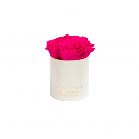 MIDI BLUMMiN - WHITE LEATHER BOX WITH HOT PINK ROSES