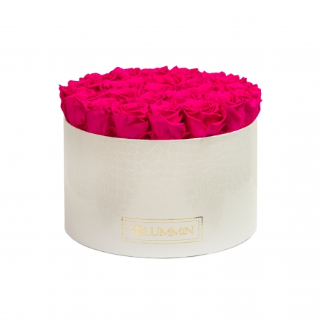 EXTRA LARGE WHITE LEATHER BOX WITH HOT PINK ROSES