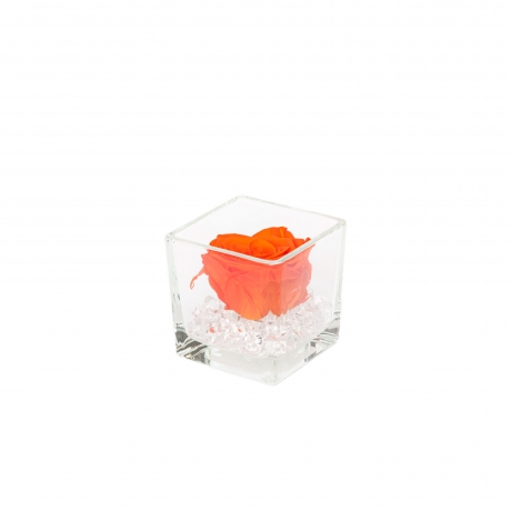 GLASS VASE WITH ORANGE ROSE AND CRYSTALS (8x8 cm)