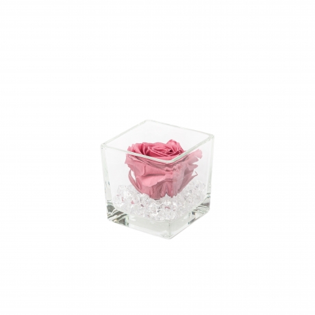 GLASS VASE WITH VINTAGE PINK ROSE AND CRYSTALS (8x8 cm)