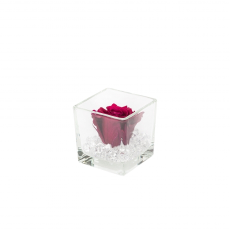 GLASS VASE WITH CHERRY ROSE AND CRYSTALS (8x8 cm)