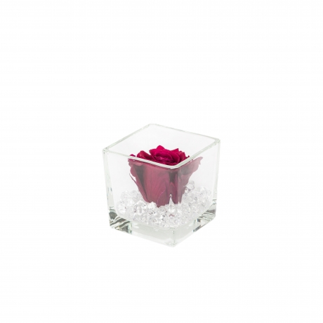 GLASS VASE WITH DARK RED ROSE AND CRYSTALS