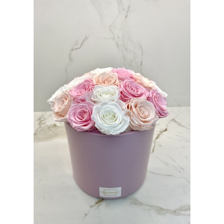 BOUQUET WITH 23 ROSES -PINK CERAMIC POT WITH MIX (ICE PINK, BRIDAL PINK, WHITE) ROSES