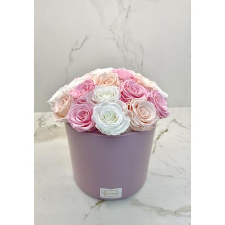 BOUQUET WITH 23 ROSES - PINK CERAMIC POT WITH MIX (ICE PINK, BRIDAL PINK, WHITE) ROSES