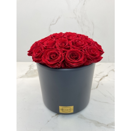 BOUQUET WITH 23 ROSES - DARK GREY CERAMIC POT WITH VIBRANT RED ROSES