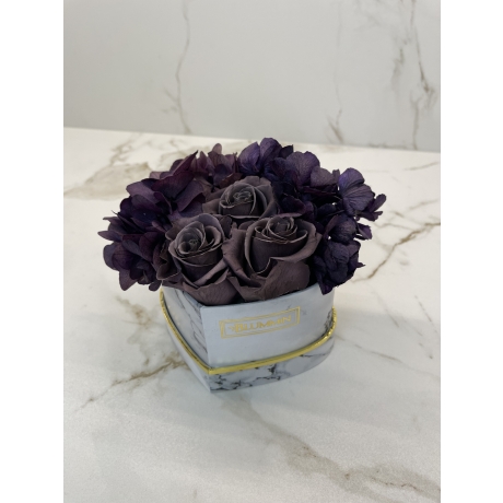 MARBLE FLOWER BOX WITH 3 DARK PURPLE ROSES AND DRYED HYDRANGEA